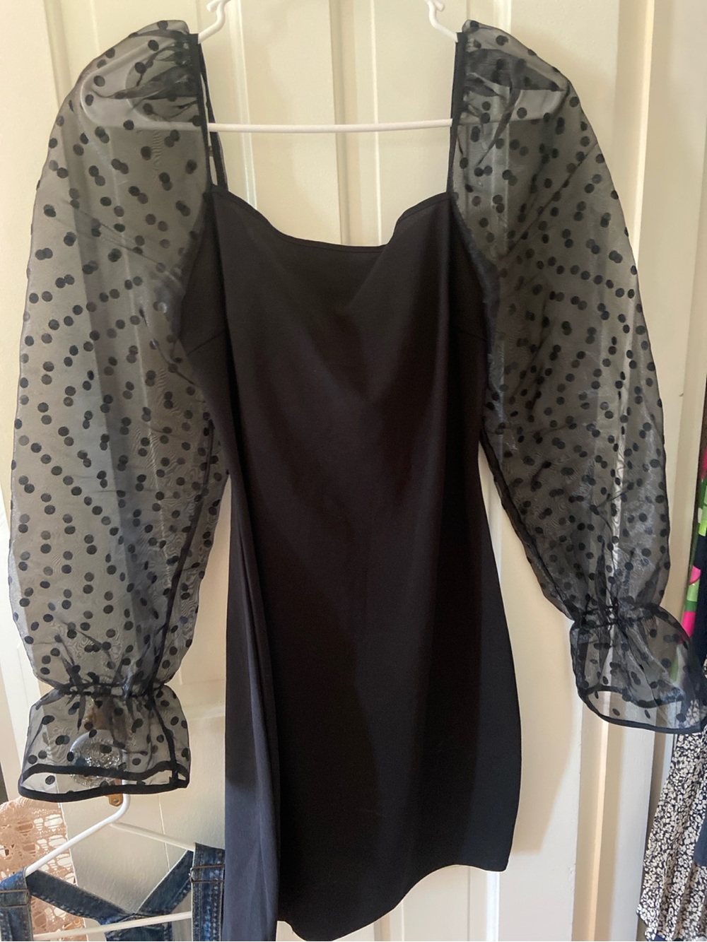 SHEIN Black Mini Dress with Sheer Polka-Dot Puff Sleeves